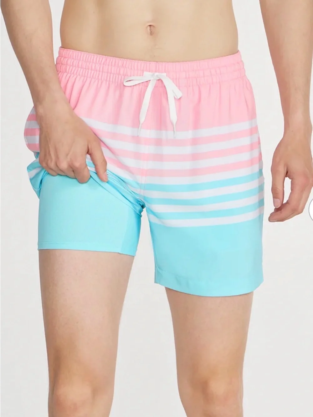 Chubbies On the Horizons Swim Trunks Men’s Large 7” Pink Aqua Striped Stretch